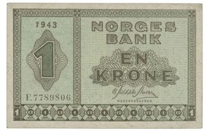 1 krone 1943 F 7789806.  Et  lite nålehull.