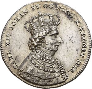 Carl XIV Johan. Kastpenning til kroningen 1818. Middelthun. Sølv. 30 mm