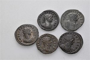 Lott 5 stk. Æ antoninanii av keiser Aurelian, 270-275 e.Kr.