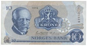 10 kroner 1974. QT0326593. Erstatningsseddel/replacement note