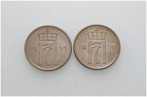 Lot 2 stk. 5 øre 1955 og 1956