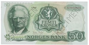 50 kroner 1966 X 0000000.  SPECIMEN.   R.  En liten grønn flekk.