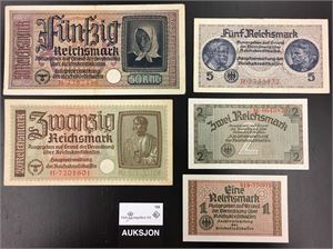 50-, 20-, 5-, 2- og 1 reichsmark (Tyske sedler brukt i Norge ynder krigen).