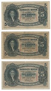 Lot 3 stk. 5 kroner 1941 T, 1942 U og 1944 V