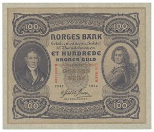 100 kroner 1942. B8581600. Blyantskrift på revers/pencil writing on reverse