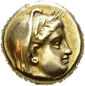 LESBOS, Mytilene. Circa 377-326 BC. EL hekte (2,54 g). Veiled head of Demeter right, wreathed with grain / Filleted tripod within square frame. Clear and attractive.