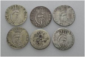 Lot 6 stk. 8 skilling 1780, 1782, 1783, 1784, 1785 og 1809