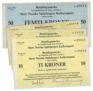 Lot 5 stk. 50 kroner 1976. Serie Rr. Nr.00814 og 10 kroner 1976. Serie Rr. (4 stk.)