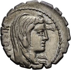 A. Postumius A. F. S. N. Albinus 81 f.Kr., denarius. Hode av Hispania mot høyre/Togakledd mann foran legionørn