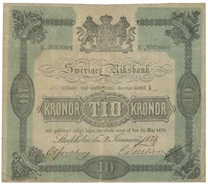 10 kronor 1874. No. E 076601. Rifter og nålehull/tears and pinholes