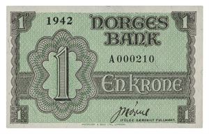 1 krone 1942. A000210. Svak skrift på revers/weak writing on reverse