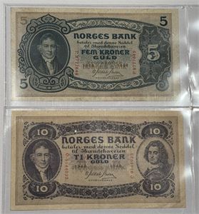 Lott 2 stk. sedler 2. utgave. 10 kroner 1940 Ø.9144033, og 5 kroner 1938 P.8777649