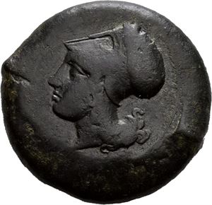 Sicilia, Syrakus, Timoleon 344-336 f.Kr., Æ litra. Hode av Athene mot venstre med Corintisk hjelm/Stjerne mellom to delfiner