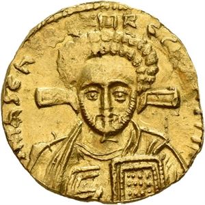 Justinian II (andre regjering) 705-711, tremissis, Constantinople (1,45 g). Hode av Kristus en face/Justinian og Tiberius en face