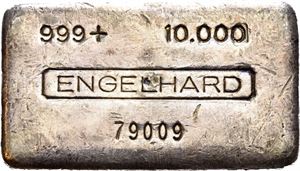 Engelhard sølvbarre, 10 unser, 0.999s, nr.79009, old style