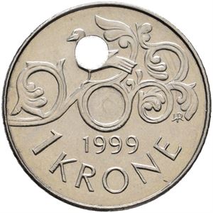 1 krone 1999 skjevt hull