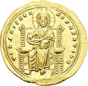 Romanus III, Argyrus 1028-1034, AV histamenon nomisma, Constantinople (4,38 g). Christ enthroned facing wearing nimbus with cross, pallium and colobium/The Virgin, nimbate (on right) and Romanus bearded (on left) both standing facing. The Virgin wears pallium and maphorium and with Her right hand crowns the emperor who wears saccos and loros and holds crowned globe. Clipped