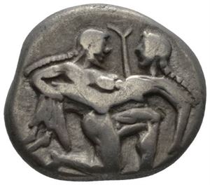 THASOS, ca.500 f.Kr., stater (9,13 g). Satyr mot høyre bærende nymfe/Firdelt inkus