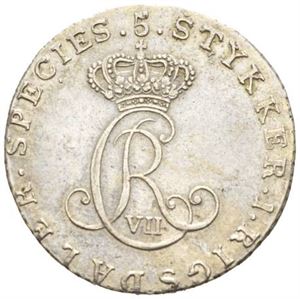 1/5 speciedaler 1796. S.9. Usedvanlig godt bevart eksemplar av denne vanskelige mynten