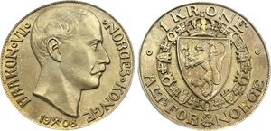 2 stk. plaketter med motiv av advers og revers av 1 krone 1908, med monteringspigg på revers. Bronse. 215 mm