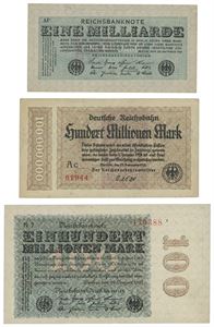 Askos Produkter, "Bruk norske varer". Reklame på baksiden av tyske sedler 1 milliard- og 2 stk. forskjellige 100 millioner mark 1923