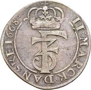 Frederik III 1648-1670. 2 mark 1668. Riper på advers/scratches on obverse. S.56