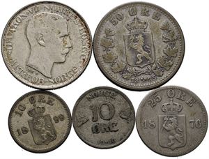 50 øre 1895, 1918, 25 øre 1876, 10 øre 1899 og 1916