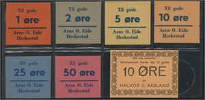 Arne O. Eide, Heskestad. 1 til 50 øre. Også 10 øre Halvor J. Aasland.