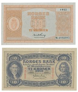 Lott 2 stk. 10 kroner 1941 Å.8016020 og 1952 W.4892085.