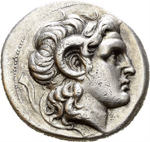 KINGS of THRACE, Macedonian. Lysimachos (305-281 BC). AR tetradrachm (17,72 g). Lampsakos mint. Struck ca. 297-282 BC.  Diademed head of Alexander the Great right, wearing horn of Ammon / ??S???OS ??S??????, Athena sitting on throne, holding Nike and resting arm on grounded shield; spear behind; star with eight rays on throne. Some porosity in the fields. Portrait of fine style; lightly toned.
