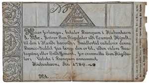 1 rigsdaler courant 1789. No. ?. Små rifter og flekker/minor tears and spots