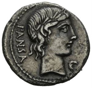 C. VIBIUS C.f. PANSA 90 f.Kr., denarius. Hode av Apollo mot høyre/Minerva i quadriga mot høyre