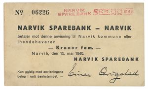 Norway. Narvik Sparebank. 5 kroner 1940. No.06226