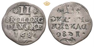 2 skilling 1680. Revers preget inkust på advers/reverse struck incuse on obverse. RRR