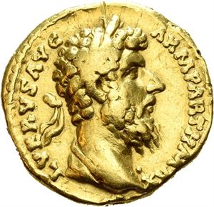 Lucius Verus. AD 161-169. AV aureus, Roma AD 168, (7,00 g). Laureate and draped bust of L. Verus right / TR P VIII IMP V COS III, Aequitas seated left, holding scales and cornucopiae. Marks and scratches. Minor edge filing.