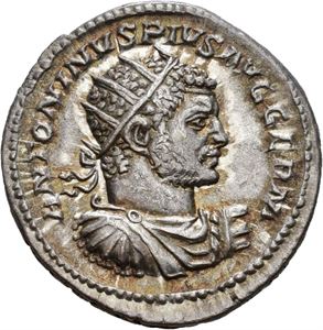 Caracalla 198-217, antoninian, Roma 215 e.Kr. R: Jupiter stående mot høyre