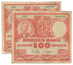 Lot 2 stk. 100 kroner 1952. B9491950 og 1954. C6207256