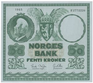 50 kroner 1965. F.2772226. Liten rift oppe/small tear at top