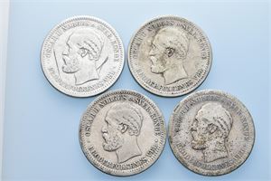 Lot 4 stk. 1 krone 1877, 1882, 1892 (kraftige riper) og 1897