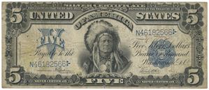 5 dollar 1899. Silver Certificate "Indian Chief". No. N46182566. Rift oppe/tear at top (2 cm)