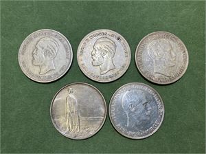 Lot 5 stk. 2 kroner 1893, 1894, 1910, 1914 jub. og 1915