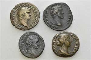 LOT #14. 3 AE aes and 1 dupondius. Aes: Tiberius (1), Nero (1) and Faustina Junior (1). Dupondius: Antoninus Pius (1). All coins come with tags from various dealers. Total of 4 coins in lot.