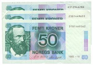 Lot 3 stk. 50 kroner 1985, 1985 og 1993