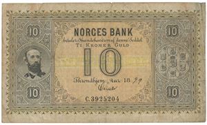 10 kroner 1899. C.3925204. Signert Quale. Mindre rift oppe og stifthull/small tear and pinholes