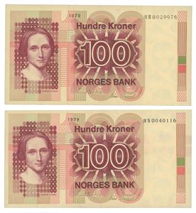 Lot 2 stk. 100 kroner 1979 HR og HS. Erstatningssedler/replacement notes