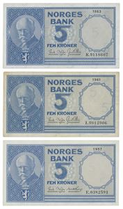 Lot 3 stk. 5 kroner 1957 E, 1961 I og 1963 K