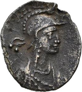 Justinian I (?) (Anonym) 527-565, 1/2 siliqua (?), Constantinople (?). (0,42 g) Byste med hjelm (Constantinopolis?) mot høyre/Stor K