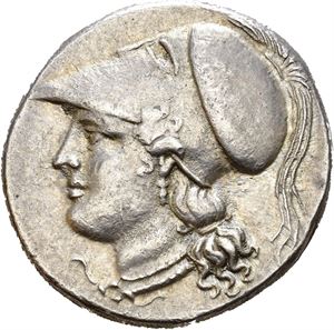 SICILY, Syracuse. 214-212 BC. AR 8 litrai (6,80 g). Struck under the Fifth Democracy 214-212 BC. Head of Athena in Corinthian helmet to left / SYPAKOSION, Winged thunderbolt; Magistrate name ?A below. Light iridescent toning.