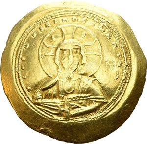 Constantine IX, Monomachus 1042-1055, AV histamenon nomisma (4,37 g). Bust of Christ facing wearing nimbus with cross, pallium and colobium/Bust facing bearded wearing crown and loros, holding long cross and globus with cross