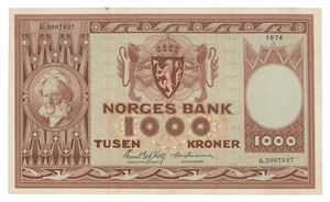 1000 kroner 1974. G2007837. Erstatningsseddel/replacement note. Liten flekk/minor spot